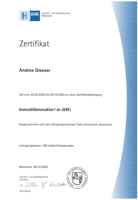 Immobilienmaklerin Zertifikat Andrea Glaeser • Frank Glaeser